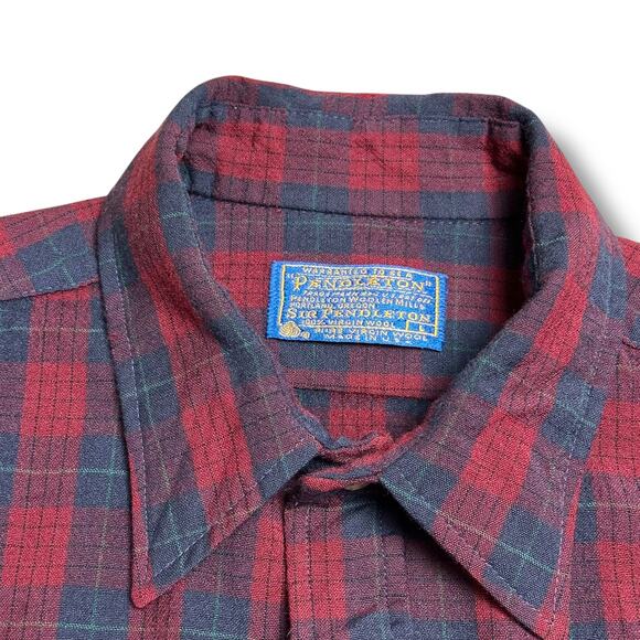 Vintage 70s Sir Pendleton Red Navy Blue Plaid Tartan 100% Wool Flannel Shirt L - Picture 3 of 7